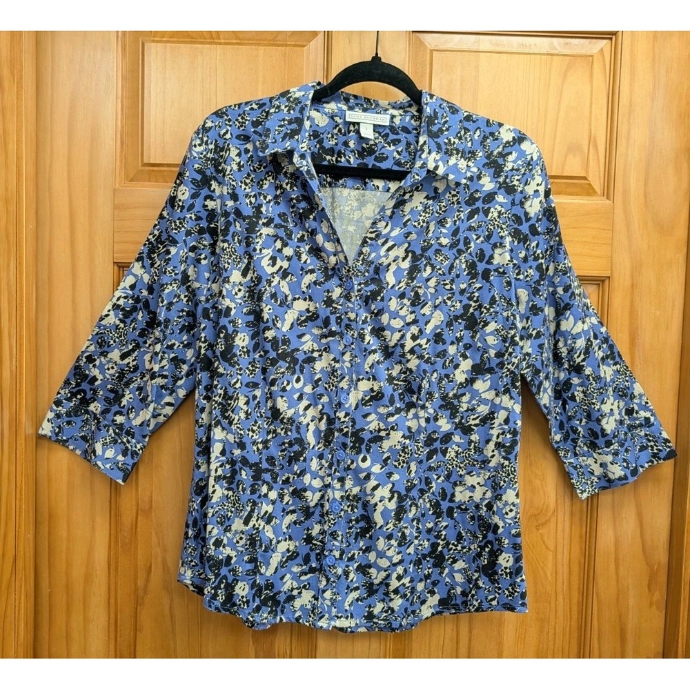 Dana Buchman Women Large Blouse Button-Down the Front Collar 3/4 Sleeves Stretch